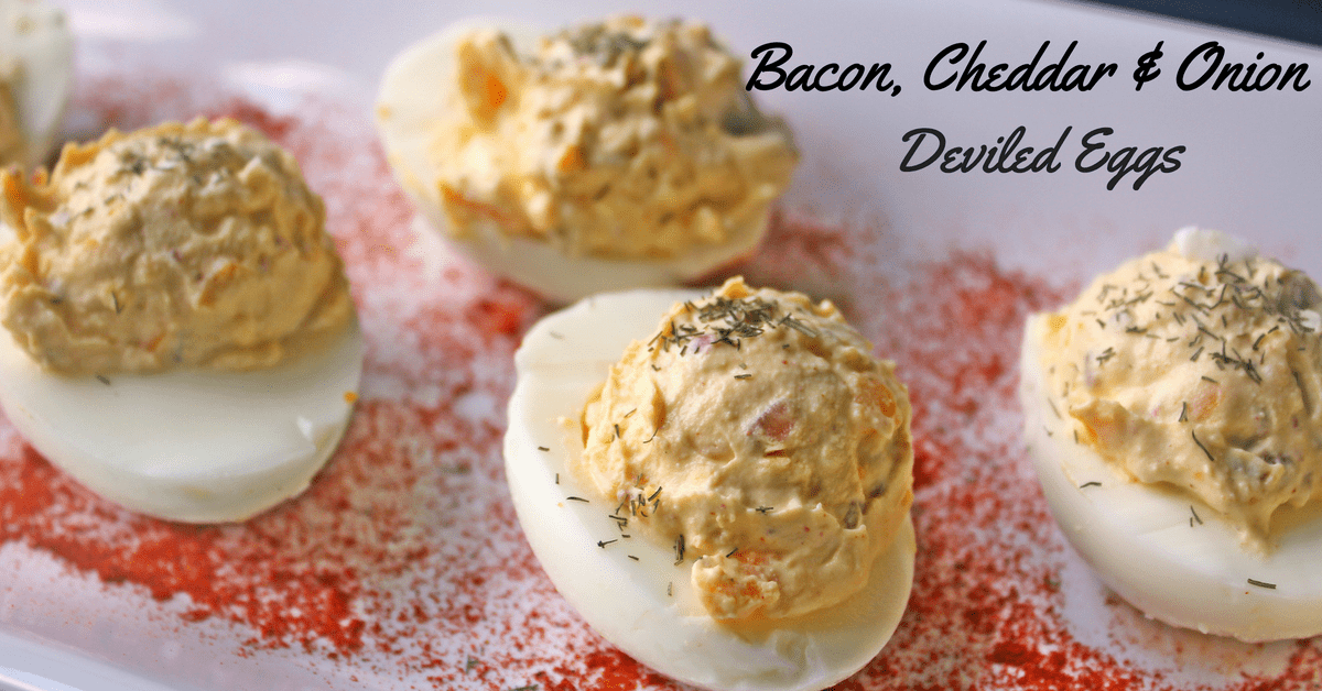 Bacon, Cheddar and Onion is the preffect flavor combo to have these tasty little deviled eggs flying off the plate.