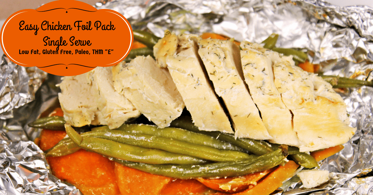 This easy chicken and veggies meal cooks up nicely in a foil packet. THM E, Paleo and Low Fat.