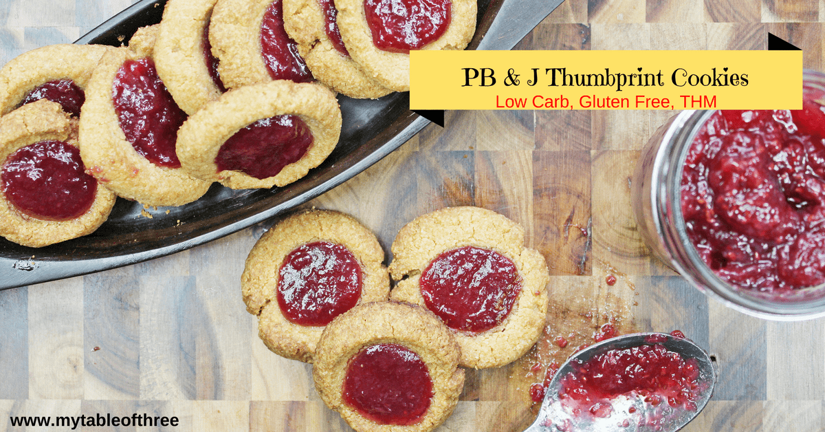 Peanut Butter & Jam Thumbprint Cookes are low carb, gluten free and THM "S". Only 3 net carbs per serving. 